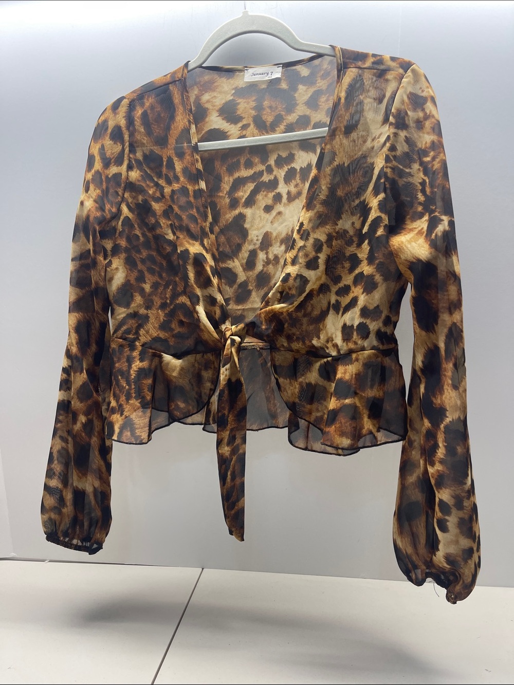 January 7 Leopard-Print Tie-Front Sheer Blouse in Brown and Black